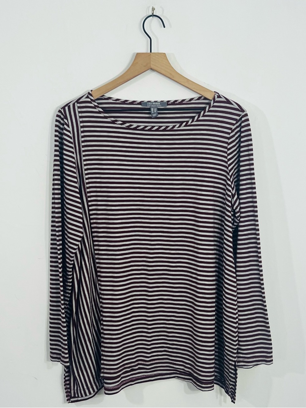 Lisa Rinna Collection Burgundy Gray Striped Boat Neck Long Sleeve High Low Top